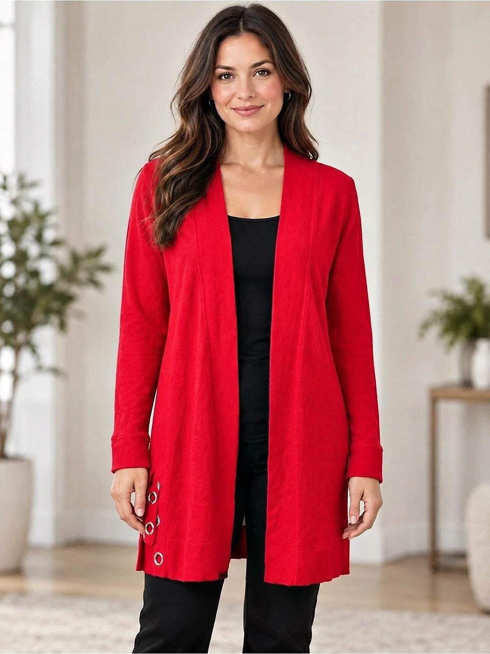 389) Le Château Red Long Open Front Cardigan Grommet Detail